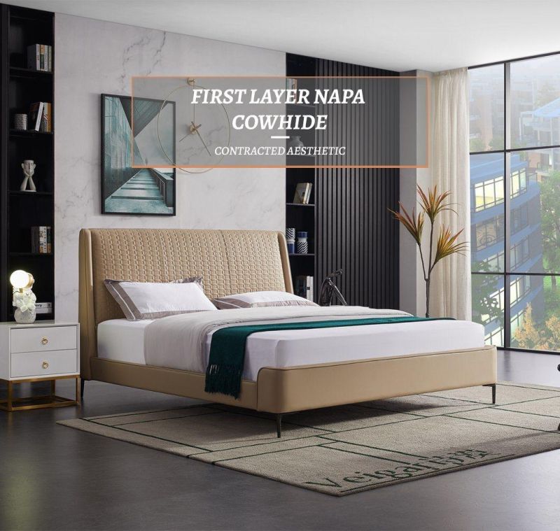 China Factory 2021 New Style Real Leather Bedroom King Bed
