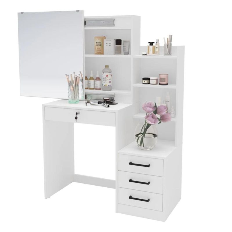 Nova Additional Storage Space 4 Open Shelves White Vanity with Large Sliding Mirror