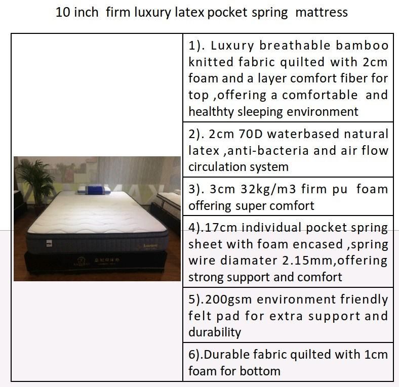 10 Inch Luxury Latex Pocket Spring Mattress Vacuum Roll up in a Box