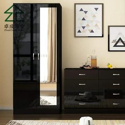 Black Color Two Doors Wardrobe with Mirror and Bedside Board