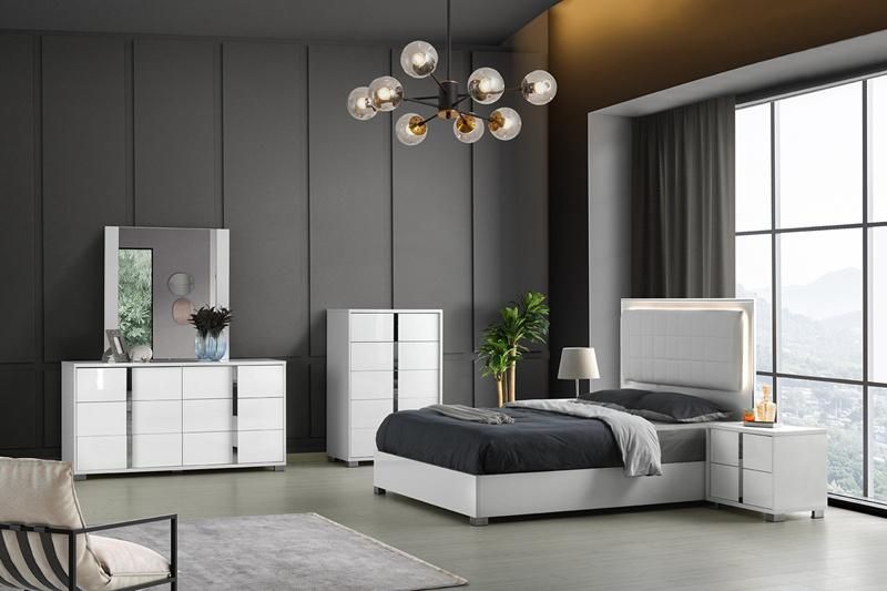 Nova White High Gloss Bedroom Sets Nightstand with Mirrored Chrome Drawer Pulls