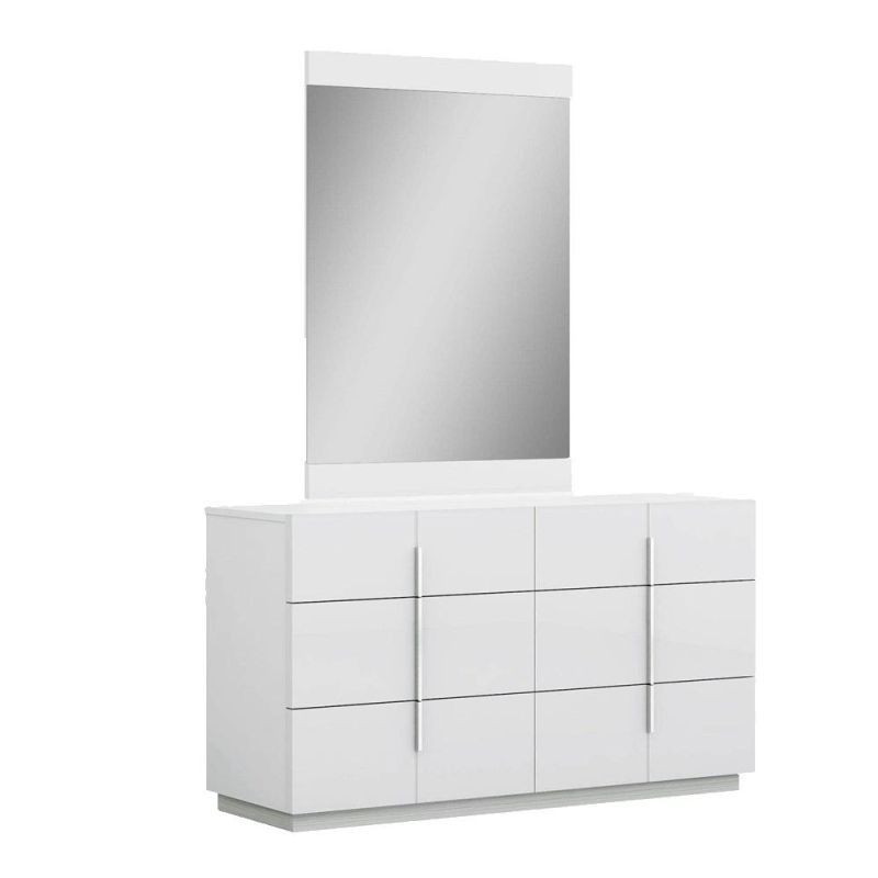 Nova White Lacquer Dresser & Mirror Set with Clean Chrome Handles