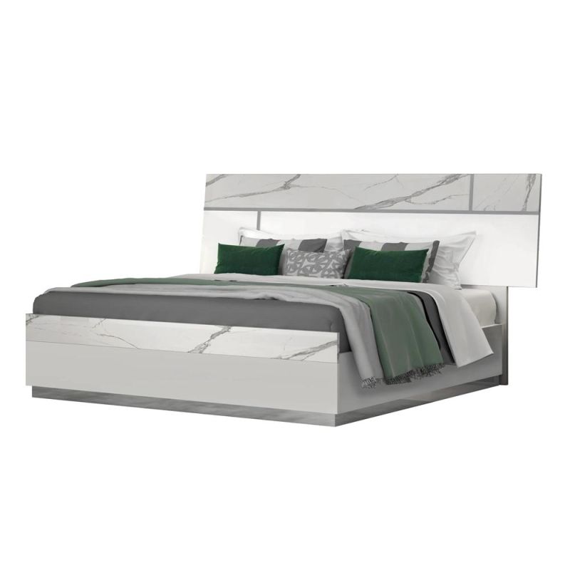 Nova Clean and Minimalistic Design Double Bed with White-Gray Striped Marble and White Gloss Finish