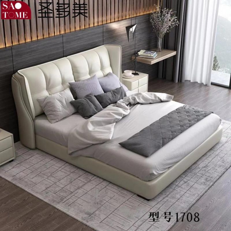 Hotel Bedroom Furniture Dark Grey Leather Solid Wood Frame Double Bed