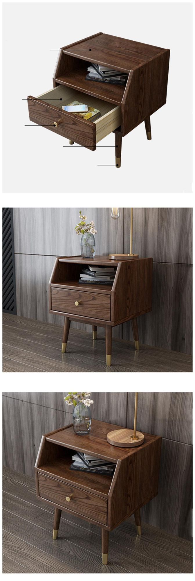 All Solid Wood Nordic Light Luxury Ash Wood Simple Bedside Table Walnut Storage Cabinet Side Cabinet Wood Wax Oil Furniture 0029