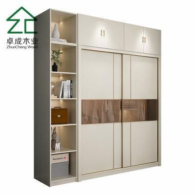 Maple Color Glass Door Panel Sliding Closet with Top Cabinet
