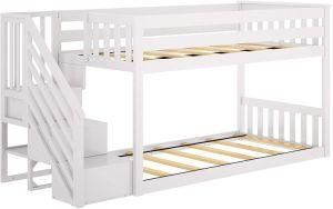 Low Bunk Bed with Staircase, White