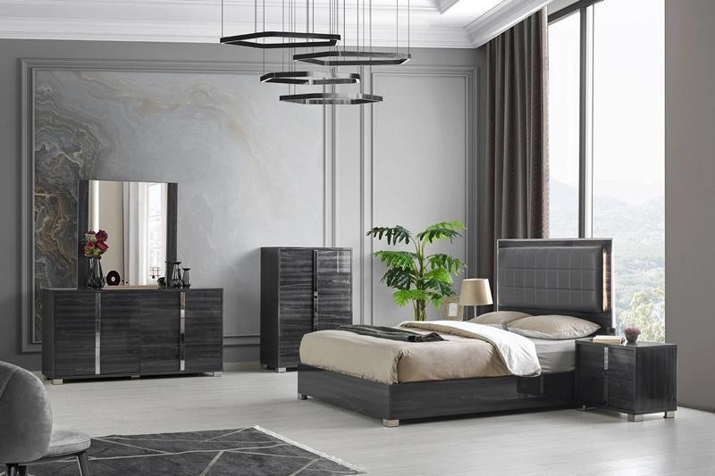 Nova Grey Eucalyptus Wood Pattern Glossy Lacquer Bedroom Set