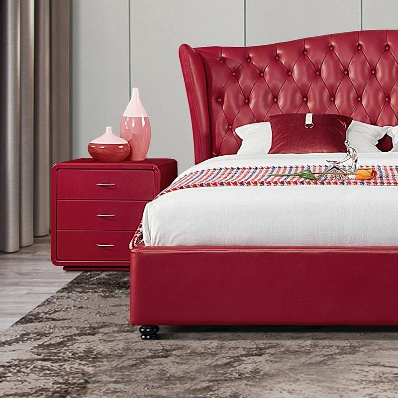Luxury Platform Bed Red Bedroom Furniture Upholstered PU Leather King Size Bed