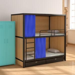 School Wooden Fence Metal Bunk Bed, Triple Beds with Cabinet, Iron Dormitory Bed