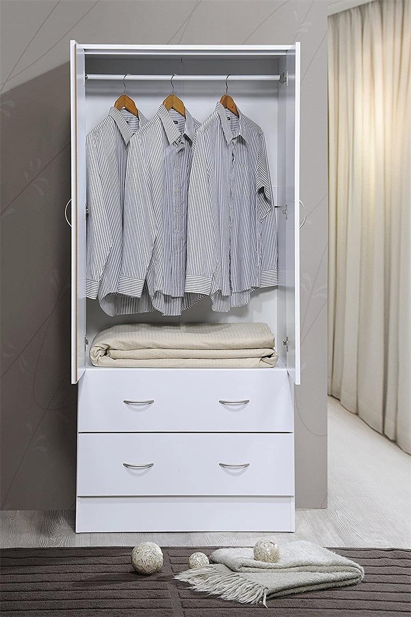 Two Door White Wardrobe with Two Drawers and Hanging Rod