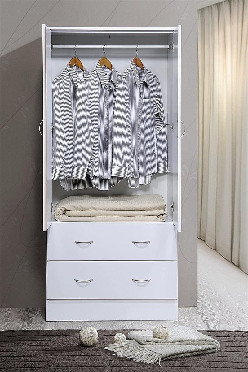 Two Door White Wardrobe with Two Drawers and Hanging Rod