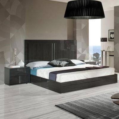 Nova Black Gloss Lacquer Queen Bed with Vertical Middle Silver Accents Tall Headrest