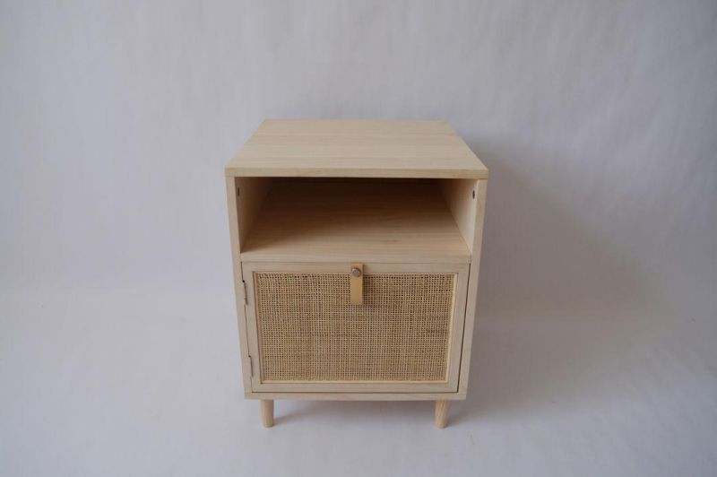 Rattan-Woven Night Table with Door and Real Leather Handle