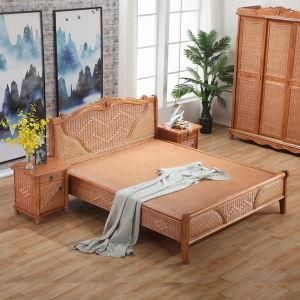New Design Natural Rattan Bedroom Furniture Modern Double Woven Rattan Bed with Solid Wood Frame
