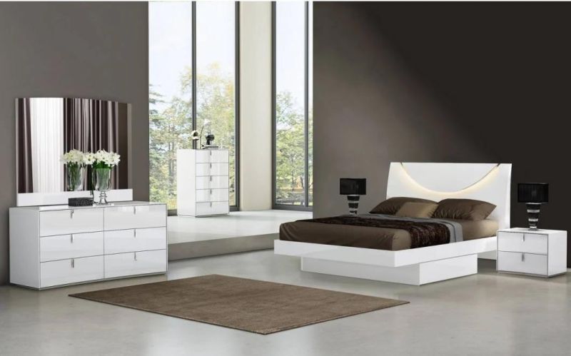 Nova U Shaped LED Headboard White High Gloss Lacquer Bed with Pull-out Storage Drawer