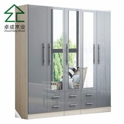Big Size Wardrobe with Six Doors and Six Draws in Grey with Mirror