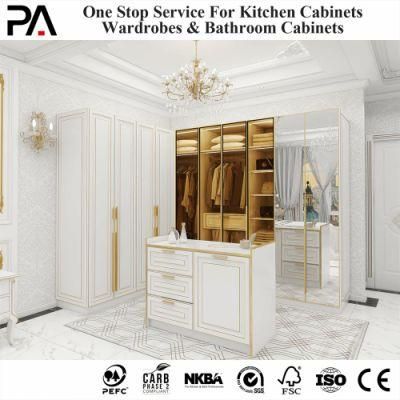 PA Luxury L Shape Gorgeous Antique Dressing Walk in Closet Golden Lines Wood Frame Glass Door Bedroom Storage Wardrobes