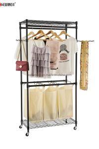 Black Epoxy Coated 2 Shelves Double Clothes Hanger Metal Garment Rack with Hooks