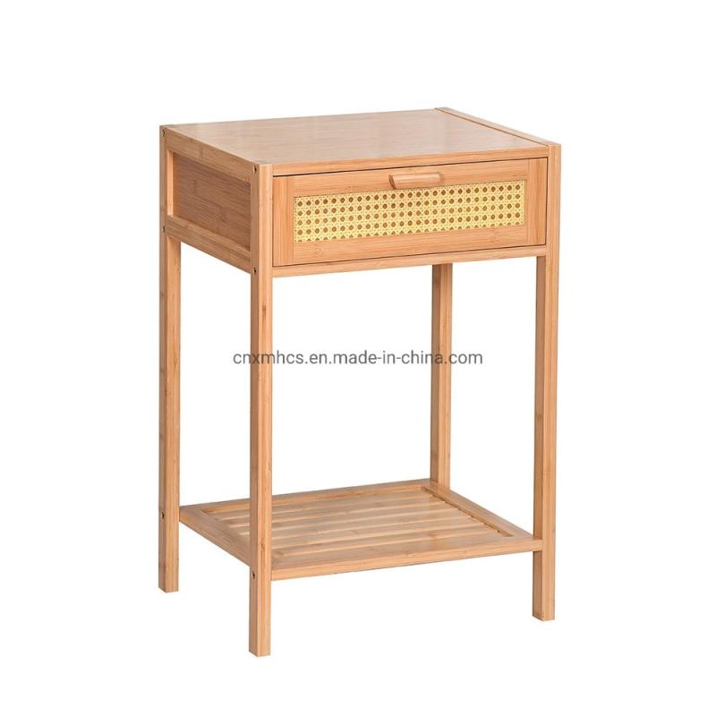 Multipurpose Bamboo Bedside Table End Table with Pattern Drawer & Storage Shelf Night Stand