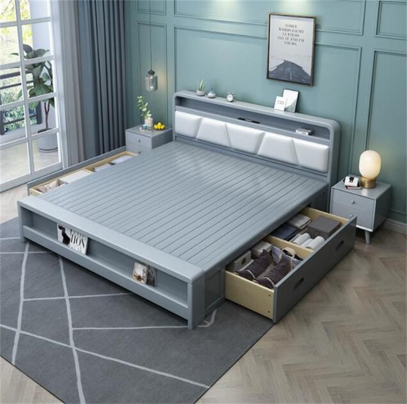 Solid Wood Bed Double Bed with Charging Function and Light Modern Bed
