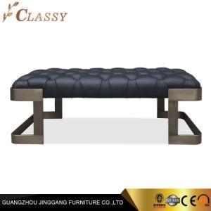 Modern Leather Button Tufted Ottoman Bench with Brushed Metal Frame for Bedroom