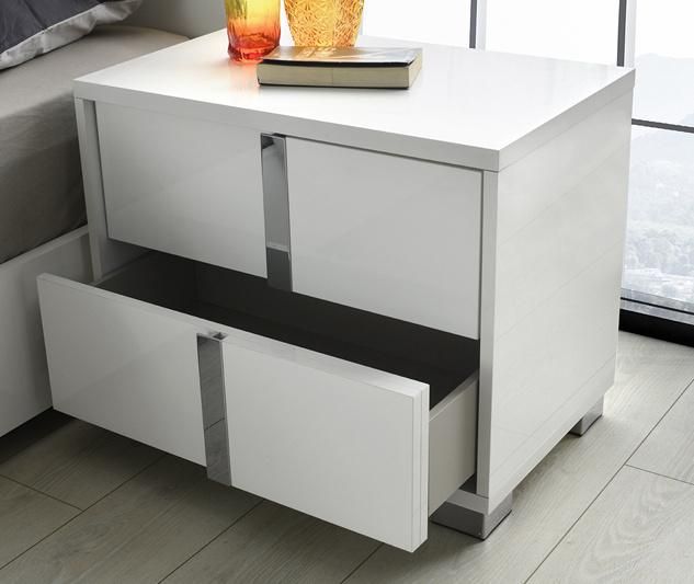 Nova White High Gloss Bedroom Sets Nightstand with Mirrored Chrome Drawer Pulls