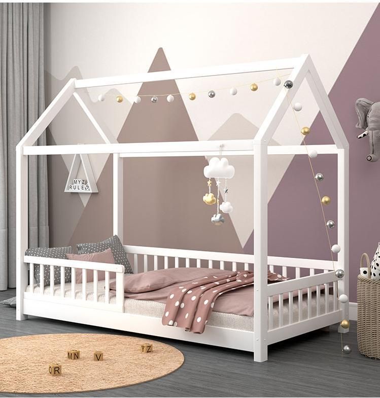 Ins Nordic Solid Wood Children′ S Tree House Bed Small House Childrens Bed with Guardrail Floor Bed