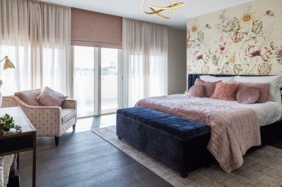 Deep Blue Velvet King Size Storage Bed with Upholstered Wide Headboard Padded and Quilted with Pink Easy Chair for Hotel Furniture