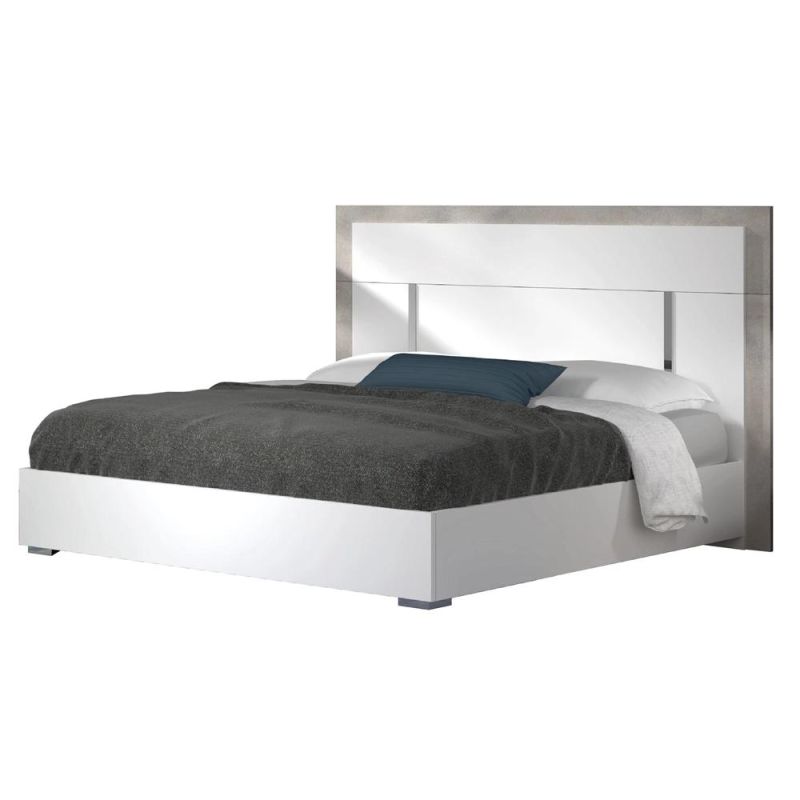 Nova Gloss Lacquer Queen Size Bed with Metal Line and Grey Natural Slate Stone Decoration