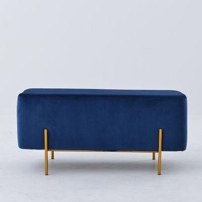 New Idea Wholesale Bed Room Furniture Ottoman Bench Blue Velvet with Luxury Golden Legs