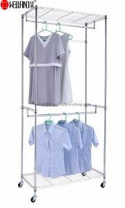 Rolling Adjustable Chrome Metal Double Garment Clothes Hanger Rack with 2 Shelves