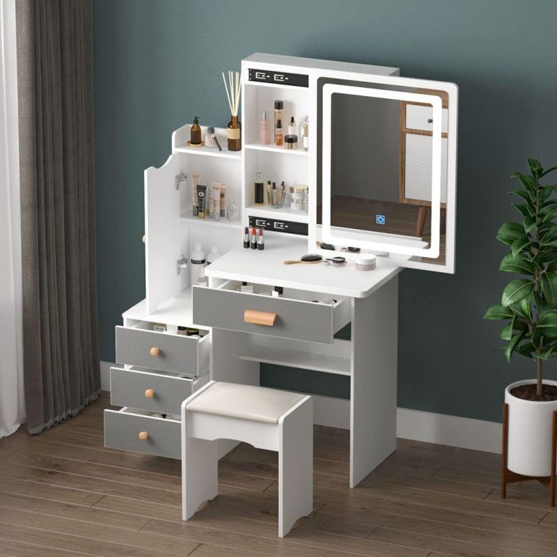 Nova Wood Makeup Dressing Table with Hidden Shelves and LED Mirror