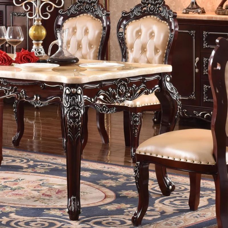 Modern Luxury Solid Wood Furniture Carve Marble Square Dining Table Set