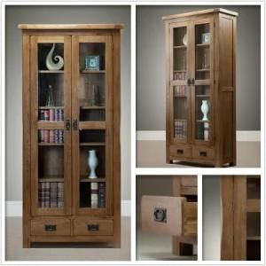 High Quality Solid Wood Bookcase with Glass Door and Drawers, Living Room Furniture