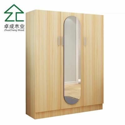 Oak Color Three Doors Wardrobe with Circular Mirror