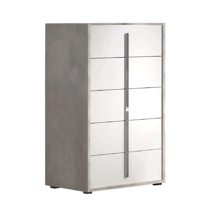 Nova Bedroom Furniture White Matt Lacquered 5 Drawer Chest with Mirrored Metal Handle