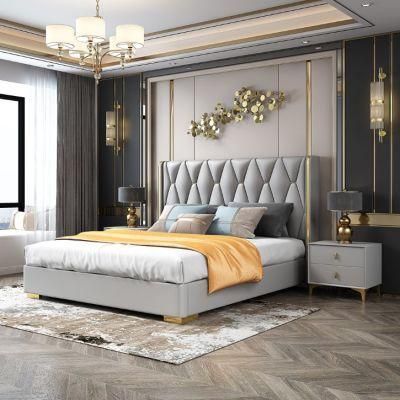 Double Grey Steel Hotel Bedding Home Mattress Bedroom Wooden Furniture Set Leather Bed