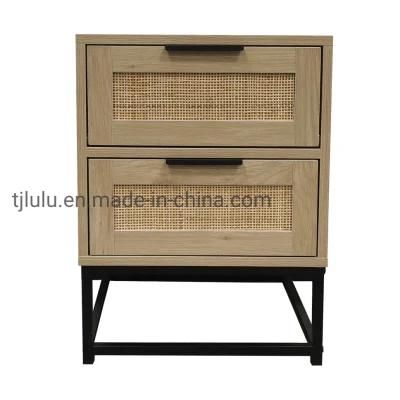 Modern Contemporary Wooden Cane Rattan Small Storage Cabinet Bedside Nightstand with Iron Frame for Living Room