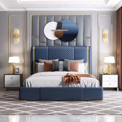 China Factory Steel Luxury Home Furniture Leather Bedroom Set Blue King Size Bed