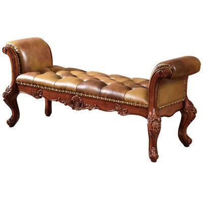 Antique Wood Carved Bedroom Leather Bed Bench in Optional Furniture Color