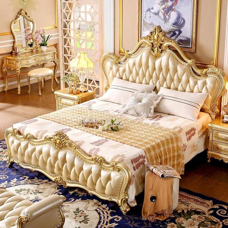 Bedroom Furniture Wood Carved Classic Bedroom Bed with Dresser in Optional Furnitures Color