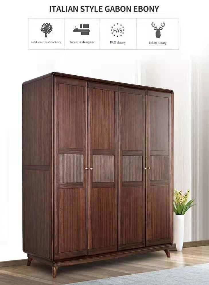 All Solid Wood Furniture Four Door Cabinet Overall Wardrobe Ebony Modern Simple Extremely Simple Light Luxury Black Walnut Color