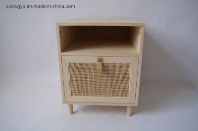 Rattan-Woven Night Table with Door and Real Leather Handle