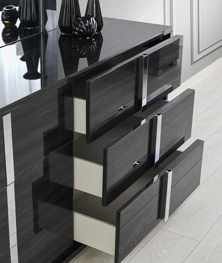 Nova Contemporary Grey 6 Drawer High Gloss Dresser and Mirror