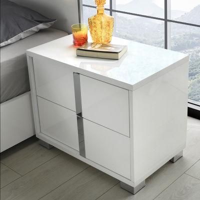 Nova White High Gloss Bedroom Sets Nightstand with Mirrored Chrome Drawer Pulls