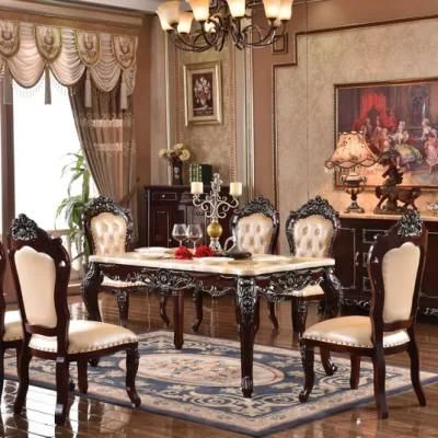 Modern Luxury Solid Wood Furniture Carve Marble Square Dining Table Set