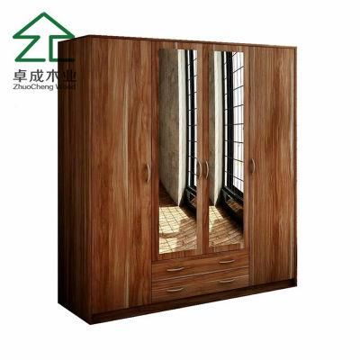Sapele Color MDF Faced Melamine 4 Doors 2 Drawers Wardrobe with Mirror