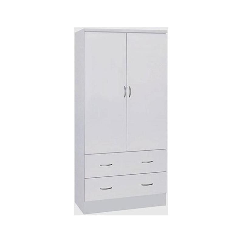 Two Door White Wardrobe with Two Drawers and Hanging Rod