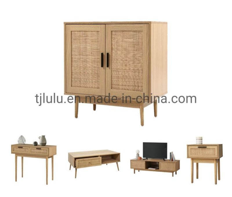 New Design Popular Wooden Rattan Small Nightstand Bedside Table Wood Frame Storage Rattan Cabinet in Living Room